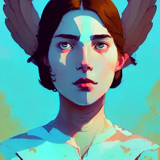 Prompt: portrait of the bird goddess by atey ghailan, by greg rutkowski, by simon stalenhag, by greg tocchini, by james gilleard, by joe fenton, by kaethe butcher dynamic lighting, gradient light blue, brown, blonde cream and white color scheme, grunge aesthetic