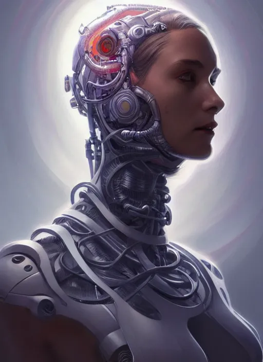 Prompt: cyborg in pencil and sleeveless turtleneck, sci - fi, highly detailed, medusa head, wires, digital painting, artstation, concept art, smooth, sharp focus, illustration, art by artgerm and greg rutkowski and alphonse mucha