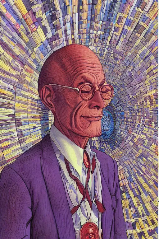 Image similar to an original jean giraud digital art painting of a portrait of a zen - buddhist capitalist in a bankers suit