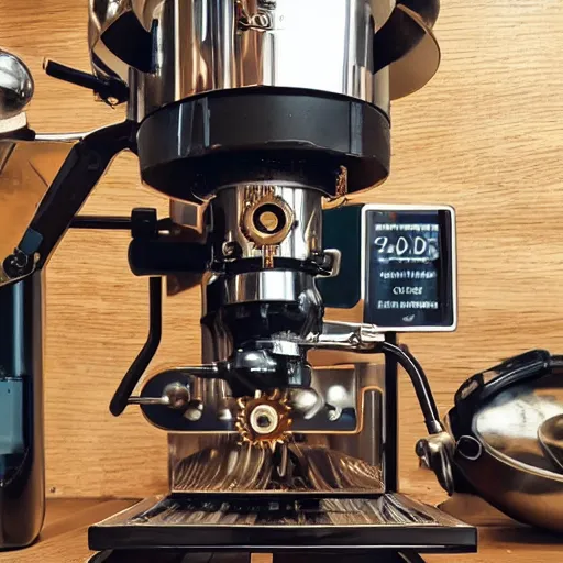 Image similar to dslr photo of a steampunk robotic espresso machine with small gears and nailed copper plates, android coffee shop, very scientific, 4 k, photorealistic, cafe lighting, cinematic, highly detailed, by ridley scott,