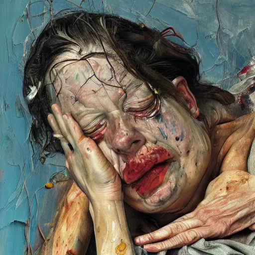 Prompt: high quality high detail painting by lucian freud and jenny saville, hd, horror, unsettling, turquoise