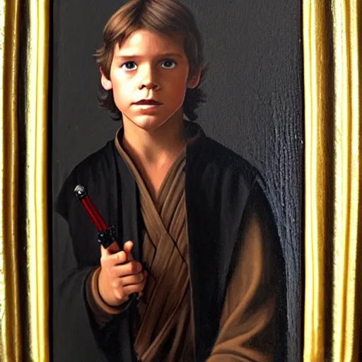 Image similar to a portrait painting of young luke from star wars in a renaissance style hanging in the louvre