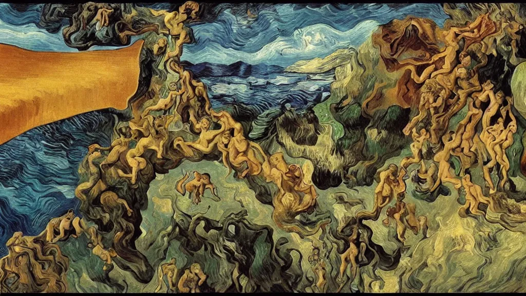 Image similar to psychoautistic scene of a divine moment, 4K, Rococo & Precisionism, colorized, by collaboration of Salvador Dali, Van Gogh and M. C. Escher