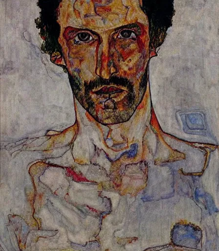 Image similar to portrait of vincent gallo by egon schiele, intense desire, high quality, high detail