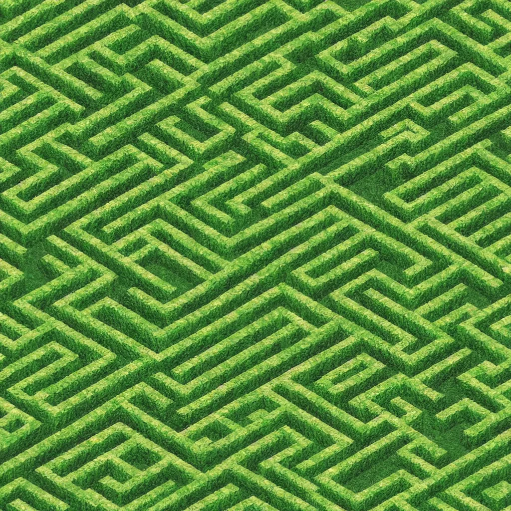 Image similar to wimmelbilder maze made of mowed lawn, isometric, very sharp