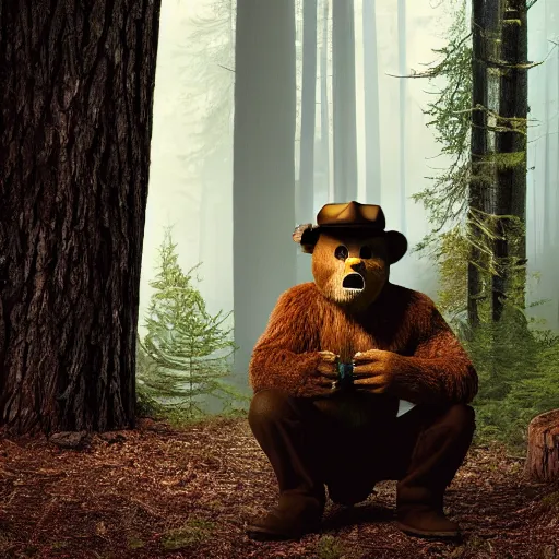 Prompt: UHD canndid photo of Smokey The Bear squatting on a commode in the woods, by Annie leibowitz, photorealisitc, extremely detailed