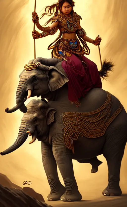 Prompt: magic tribal ethnic asian female, riding a war elephant, contrast lightning, deep focus, d & d, fantasy, intricate, elegant, highly detailed, digital painting, artstation, concept art, matte, sharp focus, illustration, hearthstone, art by artgerm and greg rutkowski and alphonse mucha