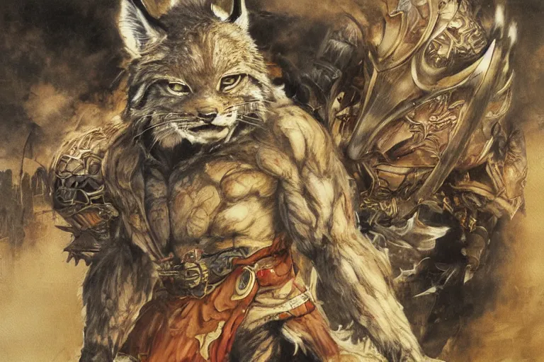 Image similar to 8k Yoshitaka Amano painting of upper body of a young cool looking lynx beast-man with white mane at a medieval market at windy day. Depth of field. He is wearing complex fantasy armors. He has huge paws. Renaissance style lighting.