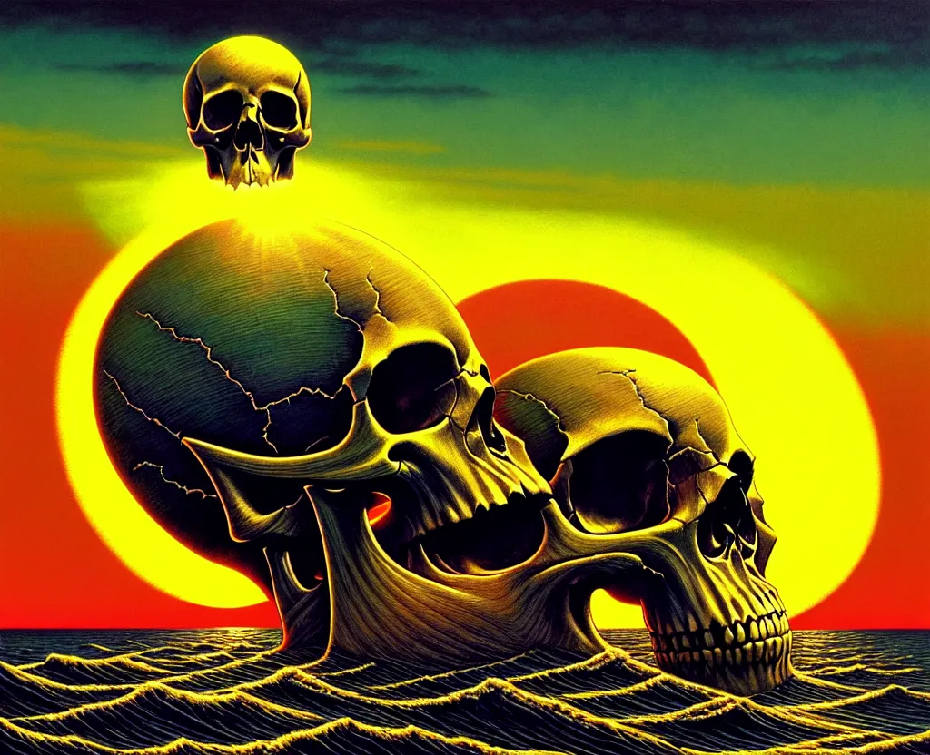 Prompt: a skull that is the sun rising just above the horizon over the sea by dan mumford and vladimir kush and donato giancola and ted withers and peter driben and brom and roberto ferri, green water, synthwave, retrowave, highly detailed, high contrast, intricate details, blended palette
