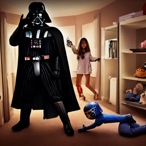 Prompt: darth vader playing with female dolls in his room, photorealistic image