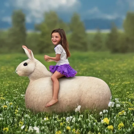 Image similar to Young girl riding on top of a horse-sized rabbit through a field