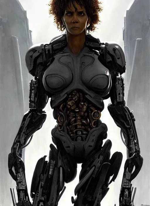 Image similar to halle berry as victor stone, full body concept, cyborg, borg, strogg, face of a man, terminator, flesh, quake strogg, doom demon, wolfenstein, monstrous, powerful, symmetry, symmetrical, concept art by ruan jia and greg rutkowski