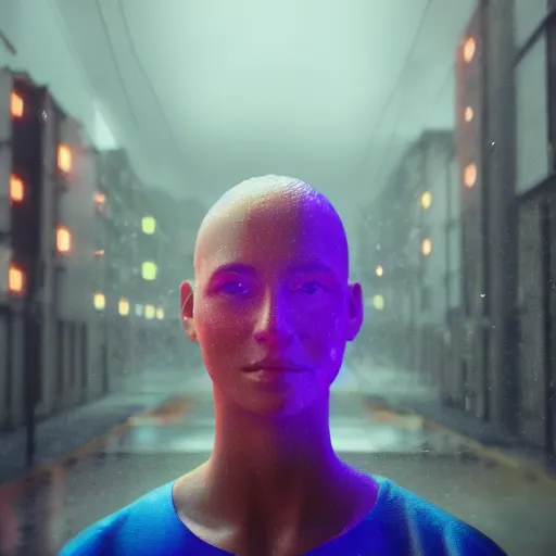 Image similar to human portrait formed out of rain, beautiful, neon, epic detail, galactic background, rendered in octane, unreal engine, realistic