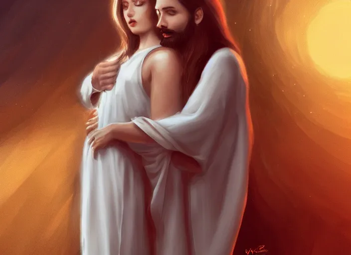 Prompt: jesus hugging a woman from behind, white robe, spirit hugs, gold trim, atmoshperic, elegant, sharp focus, red sun, huge lips, poses by satine zillah, environment by hw 6 5 2 3, art by ilya ozornin, artstation, intricate details, concept art