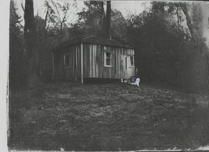 Prompt: sinister black and white old photography of a small house in the woods. a man standing still outside. daguerreotype photo