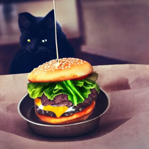 Image similar to realistic photo of a cute cat eating a burger