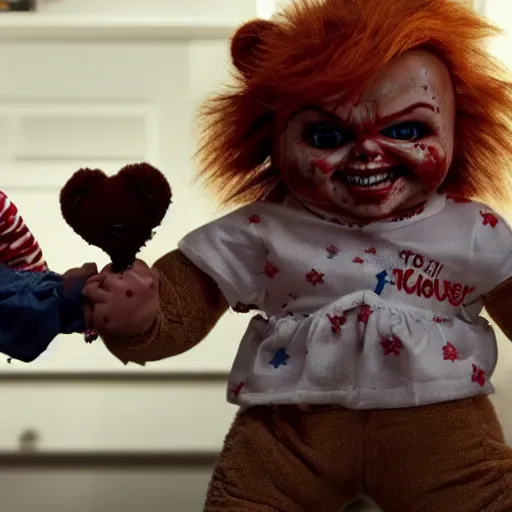 Image similar to stunning awe inspiring chucky the killer doll fighting a teddy bear, movie still 8 k hdr atmospheric lighting