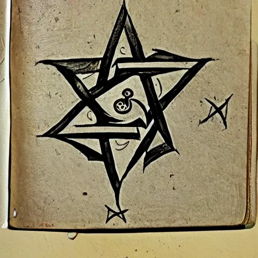 Prompt: magic pentagram iconography old book vintage bible occult rune sketch alchemy