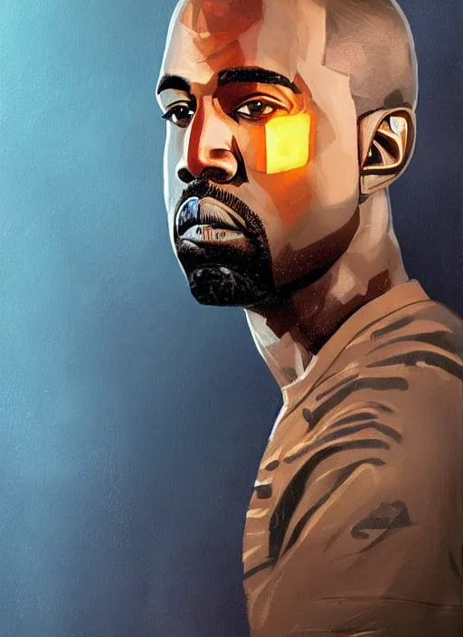 Image similar to pinted portrait of kanye west as an astronaut by greg rutkowski, he is about 3 0 years old, short blond hair, athletic and strong, straight jaw, wearing futuristic space gear, highly detailed portrait, digital painting, artstation, concept art, smooth, sharp foccus ilustration, artstation hq.