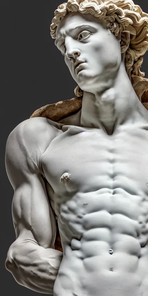 Prompt: twenty three year old michelangelo carving a block of white marble into the torso of the statue of david, photorealistic, hyperdetailed, studio lighting, octane render, caustics
