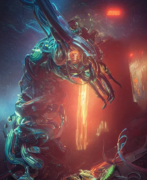 Image similar to portrait of a shining neon lights predatory insect alien crab monster, muscles, rippling, milky way environment, ultra realistic, concept art, intricate details, eerie, highly detailed, photorealistic, octane render, 8 k, unreal engine. art by artgerm and greg rutkowski and alphonse mucha