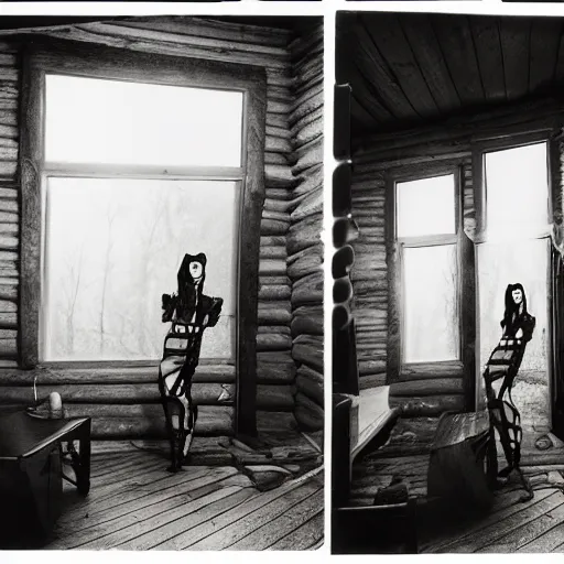 Image similar to medium format photograph of a surreal fashion shoot in a log cabin, camera flash