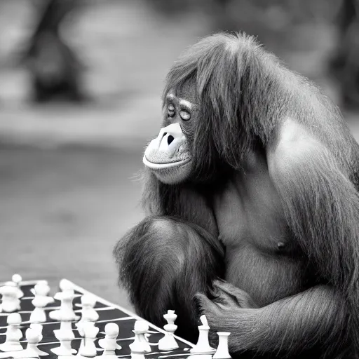 Prompt: black and white portrait photo of an orangutang eating a chess piece,