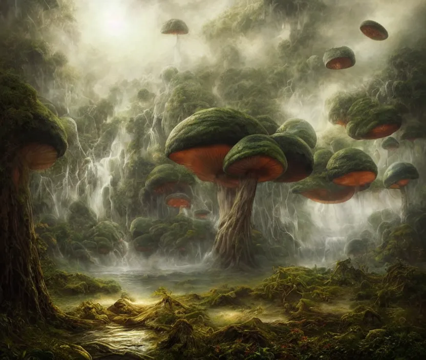 Image similar to floating lands in-clouds, foggy, volumetric fog, sun beams, blooming, bird flocks!!, giant mushrooms, giant roots wrapped lands, waterfalls, flying whales; by Tom Bagshaw, Ivan Shishkin, Hans Thoma, Asher Brown Durand