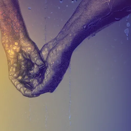 Image similar to hands making contact in the metaverse, organic liquid textures, organic growth, particles, flowing, abundent in details, transparent, surreal dramatic lighting