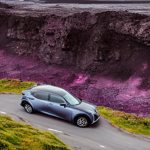 Image similar to a new lexus standing at the edge of a cliff in iceland, surrounded by magenta neon lines, moody sky