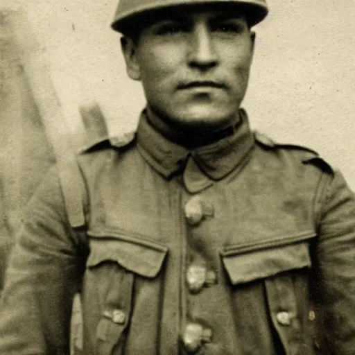 Prompt: Danny Gonzales as a soldier, ww1 trench, war photo, film grain
