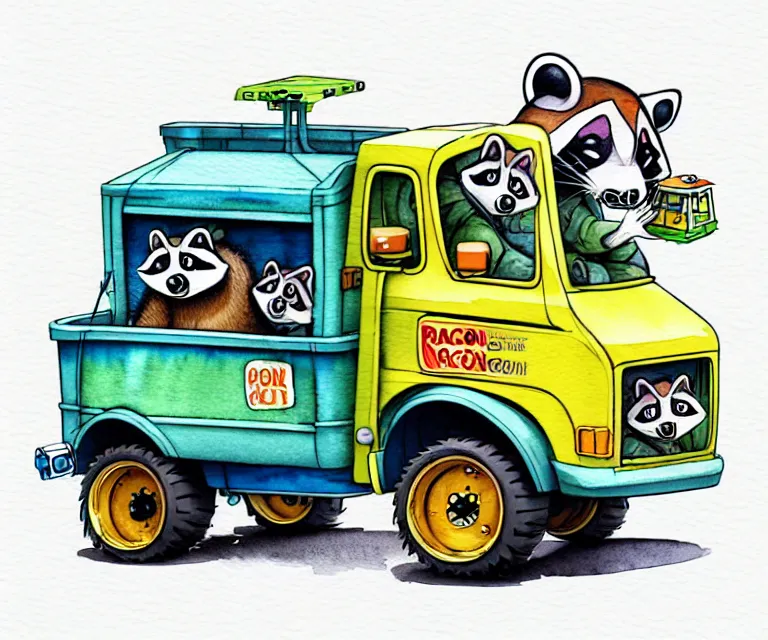 Prompt: cute and funny, racoon riding in a tiny garbage truck, ratfink style by ed roth, centered award winning watercolor pen illustration, isometric illustration by chihiro iwasaki, edited by craola, tiny details by artgerm and watercolor girl, symmetrically isometrically centered