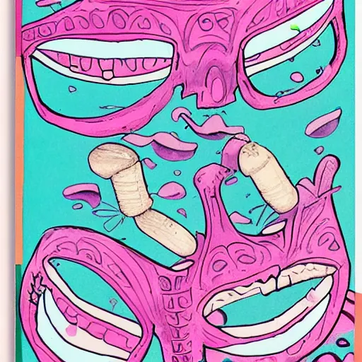 Image similar to laughing insane eyes mouth mask pink ice cream, blue waffle cone, jester themed, intricate concept art, thick line drawing, 1 9 8 3 action painted book cover art