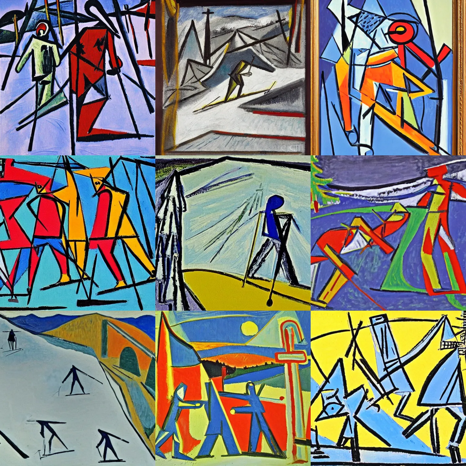 Prompt: painting of cross country skiing by picasso