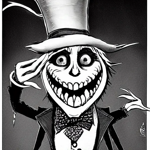 Image similar to a Pop Wonder scary horror themed goofy-hilarious-character Jack-Frost-Babadook-scarecrow-madhatter-williewonka-wearing a scarf, 3-piece-suit, dime-store-comic drawn with charcoal and pen and ink, half-tone-line-stacking