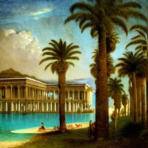 Prompt: The biggest palace ever made, thunderstorm, greek pool, beach and palm trees on the background major arcana sky, by paul delaroche, magazine photo from 2007, hyperrealistic 8k, very detailed