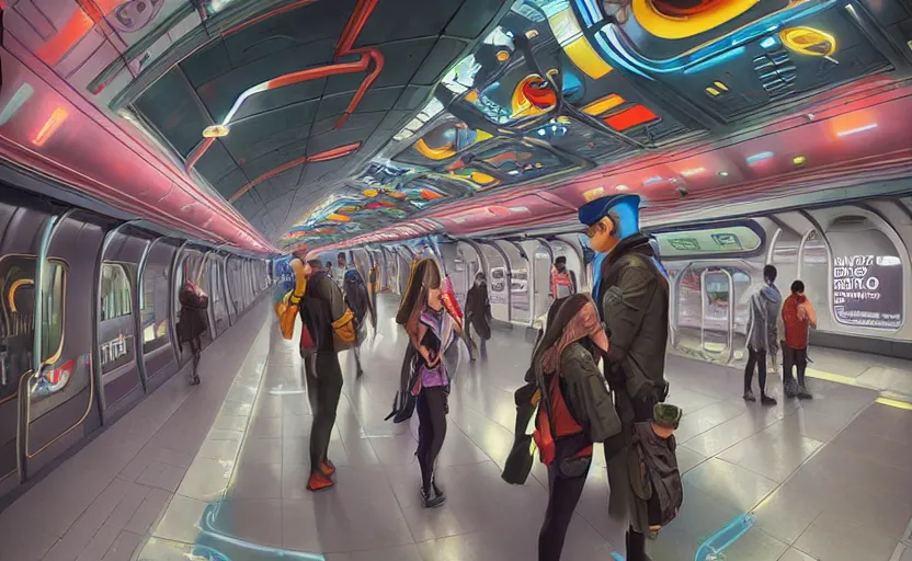 Prompt: Futuristic cyber subway station , Pixar style by Tristan Eaton_Stanley Artgerm and Tom Bagshaw