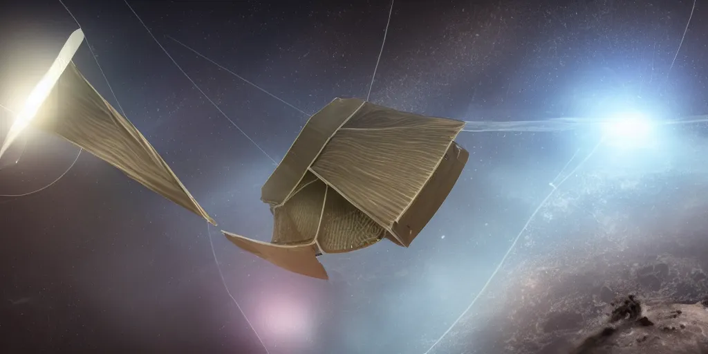 Image similar to close up of a futuristic huge (solar light sail) probe entering a solar system carrying a dead alien. The probe is from an isolated star in a thick dust cloud, highly detailed, desolate, cinematic, UE5, 8K, 4K