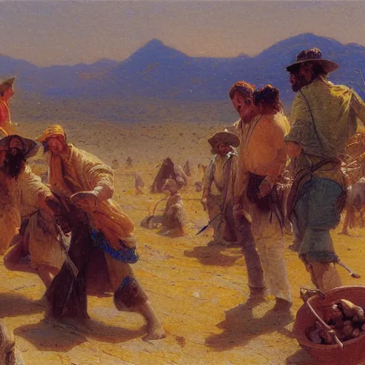 Image similar to detailed digital painting of a crowd of happy jews in the desert harvesting white manna, yellow orange and blue color scheme, painting by gaston bussiere, craig mullins, j. c. leyendecker 8 k