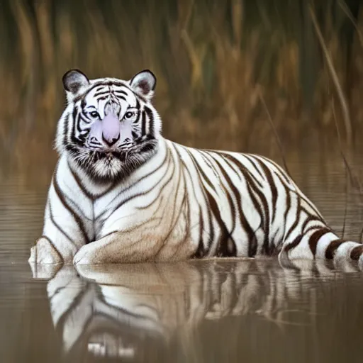 Prompt: photo of a very mud muddy slightly white tiger in a swamp in the sunset, fur with mud, muddy fur, 300 mm depth of field bokeh