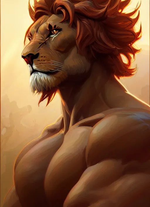 Image similar to symmetry! portrait of lion - o, d & d, muscular! fantasy, intricate, elegant, highly detailed, digital painting, artstation, concept art, smooth, sharp focus, illustration, art by artgerm and greg rutkowski and alphonse mucha