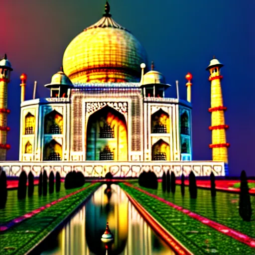 Image similar to taj mahal made of rainbow coloured marble, ultra photorealistic, octane render, vray render, raytraced, 4 k, highly detailed, hyperrealistic, depth of field, cinematic