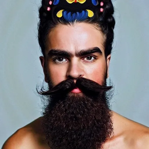 Image similar to Frida Kalho with beard and a big mustache