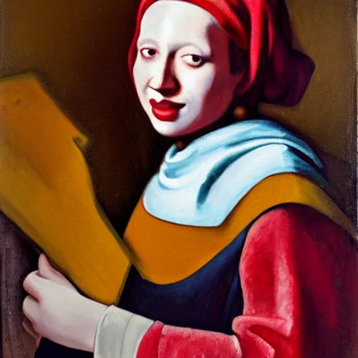 Image similar to Oil painting, Portrait of Muslim Ronald mcdonald wearing a thobe in the style of Johannes Vermeer
