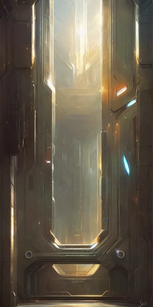 Image similar to hyper realistic art - deco sci - fi double door by jordan grimmer, darek zabrocki