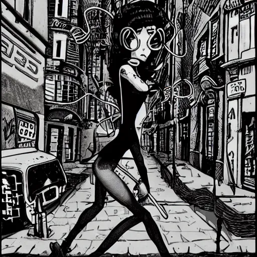 Image similar to punk girl with headphones in densely packed street, surreal, Ralph Bakshi