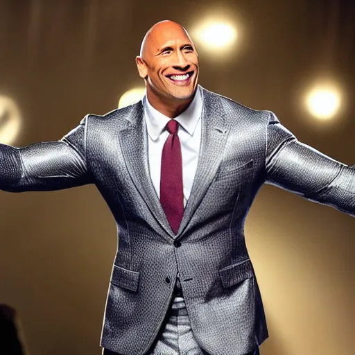 Image similar to dwayne the rock johnson wearing a expensive suit made entirly of gold walking down the run way, 3 5 mm, paparazzi photo, dazzling lights, dramatic lighting, photorealistic, cinematic scene, super detailed, hyper realistic, bright lights