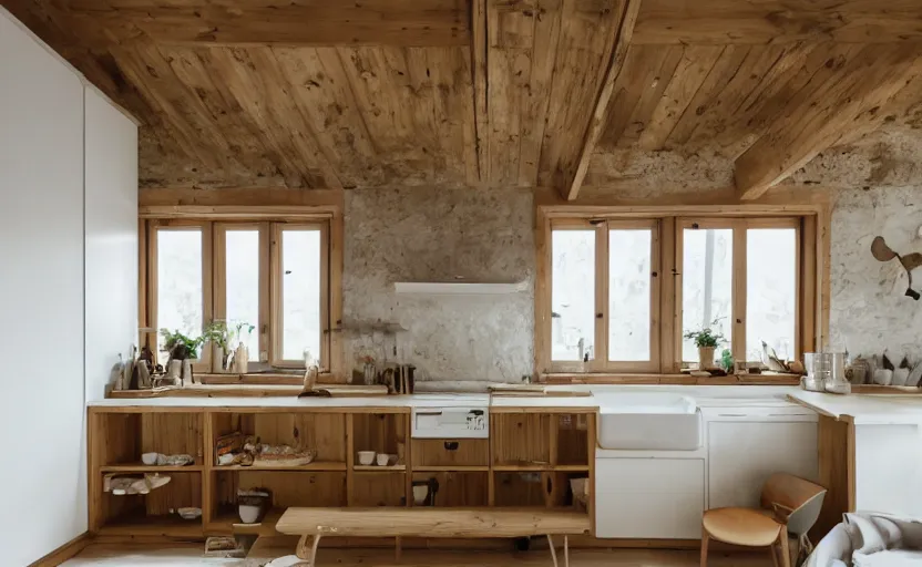 Image similar to interior of an a frame cabin kitchen with many plants, bed, white walls, wood beams, vintage orange fridge, swedish design, natural materials, minimalism, warm wood, earth colors, feng shui, rustic, white, beige, bright, plants, windows with a view of a green park, modernist, 8 k