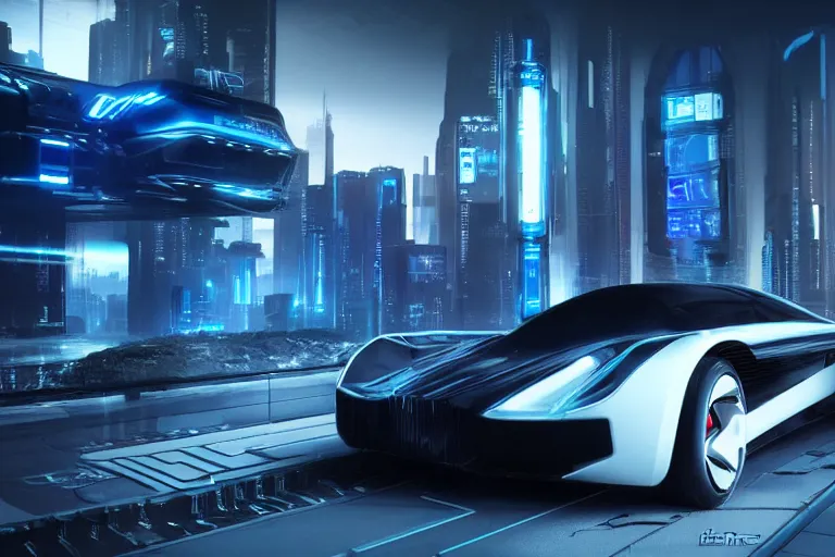 Image similar to cyberpunk tron concept inspired car, futuristic look, highly detailed body, very expensive, photorealistic camera shot, bright studio setting, studio lighting, crisp quality and light reflections, unreal engine 5 quality render