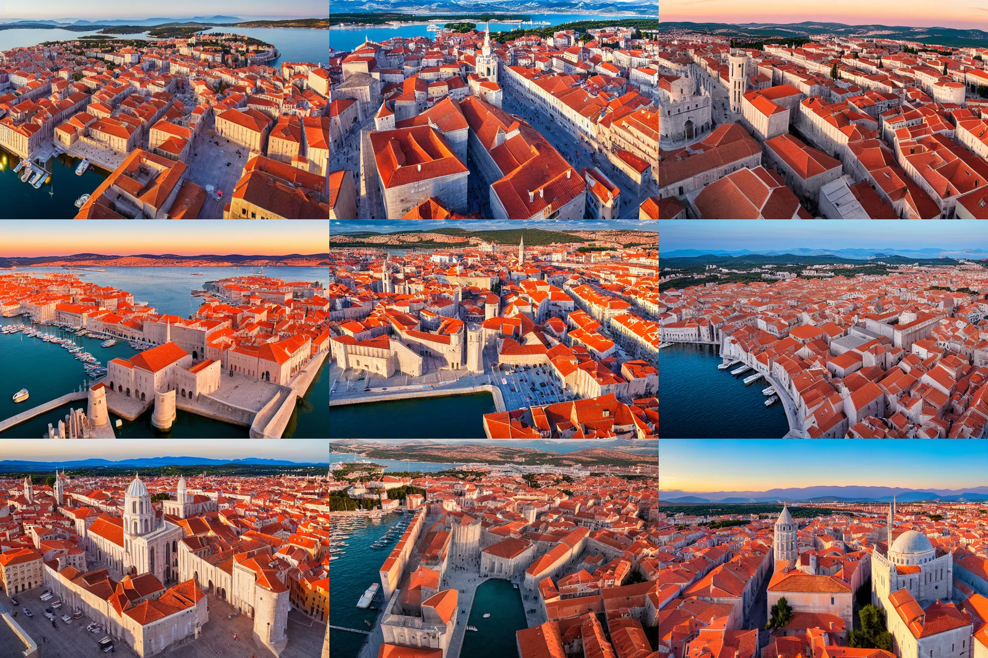 Prompt: aerial view of zadar, panoramic photography, golden hour, soft lighting, beautiful photo